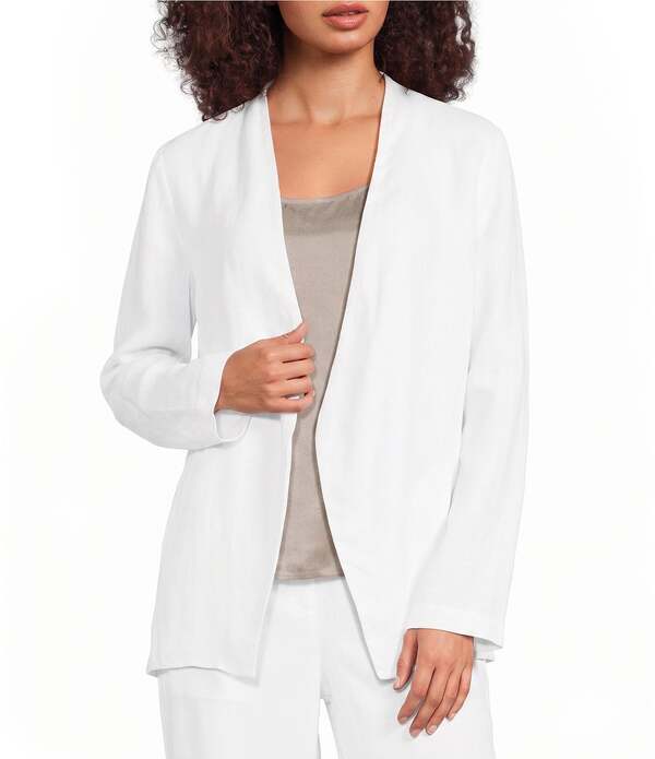 エイリーンフィッシャー レディース アウター コート Vネック リネン ジャケット Eileen Fisher Oragnic Linen V-Neck Long Sleeve Wrap Cut-Away Jacket White ホワイト｜ReVida 店
