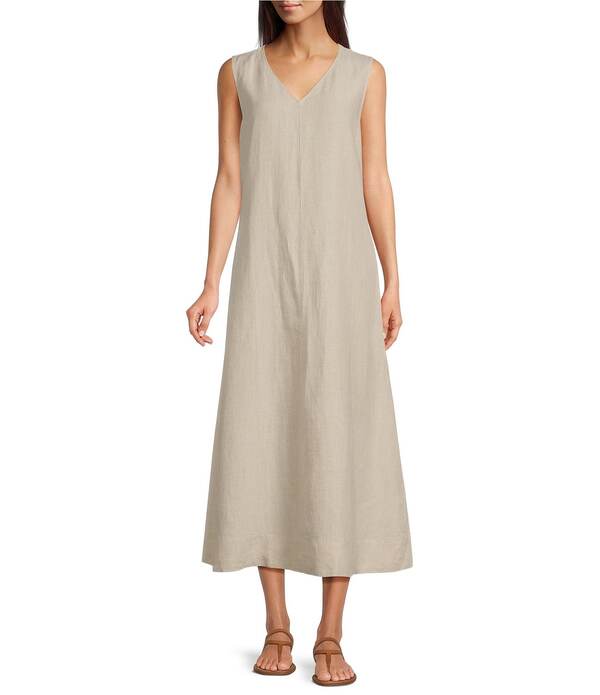 エイリーンフィッシャー レディース トップス ワンピース Vネック ノースリーブ リネン マキシ Eileen Fisher Organic Linen V-Neck Sleeveless Maxi Dress Undyed Natural|ReVida 店