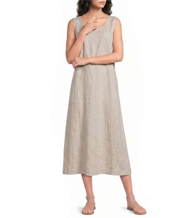 エイリーンフィッシャー レディース トップス ワンピース ノースリーブ リネン マキシ Eileen Fisher Striped Organic Linen Sheen Scoop Neck Sleeveless Maxi Dress Wheat ストライプ|ReVida 店