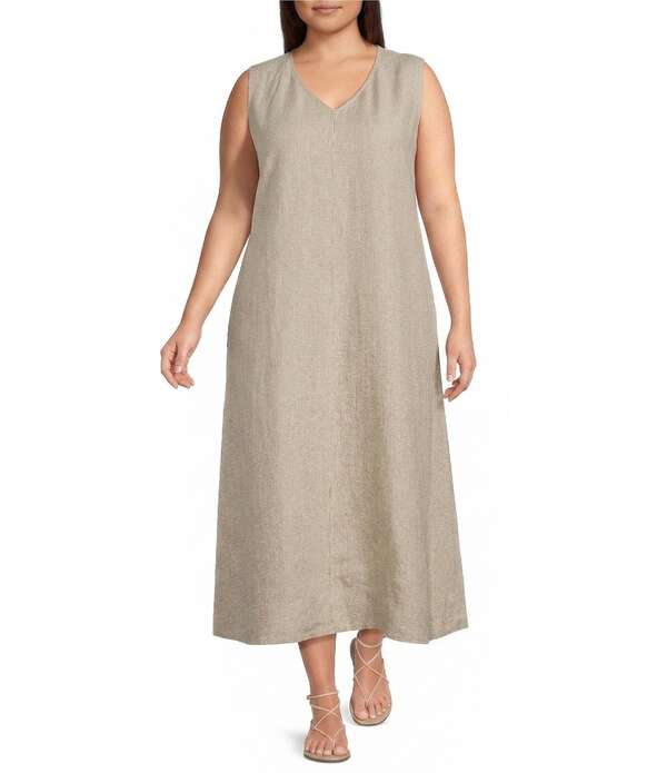 エイリーンフィッシャー レディース トップス ワンピース Vネック プラスサイズ ノースリーブ リネン マキシ Eileen Fisher Plusize Organic Linen V-Neck Sleeveless Maxi Dress Undyed Natural|ReVida 店