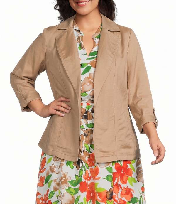 カスパール レディース アウター 厚地の外套 つけ加える大きさ リネン 上衣 Kasper Plus Open Front Linen Jacket With Zipper Pockets Toasted Wheat