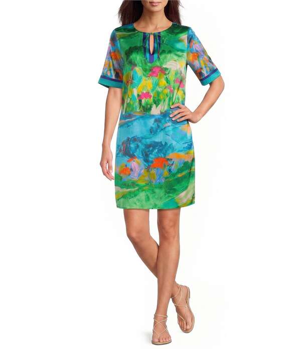 ジョニーワズ レディース トップス 衣装 V素っ首 刷り上げる JOHNNY WAS Roseum Torenia Scarf Print Split V-Neck Tassel Short Sleeve Dress Torenia Scarf