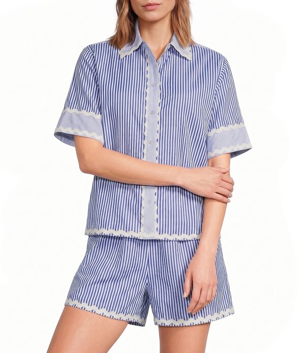 エーラブズエー レディース トップス シャツ A Loves A Woven Striped Collared Short Sleeve Button Front Coordinating Shirt Blue/White ホワイト｜ReVida 店