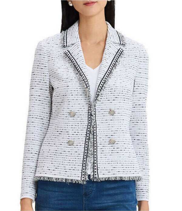 ミンウォン レディース アウター コート ニット ジャケット Ming Wang Knit Eyelash Trim Notch Lapel Bracelet Sleeve Jacket White/Indigo ホワイト｜ReVida 店