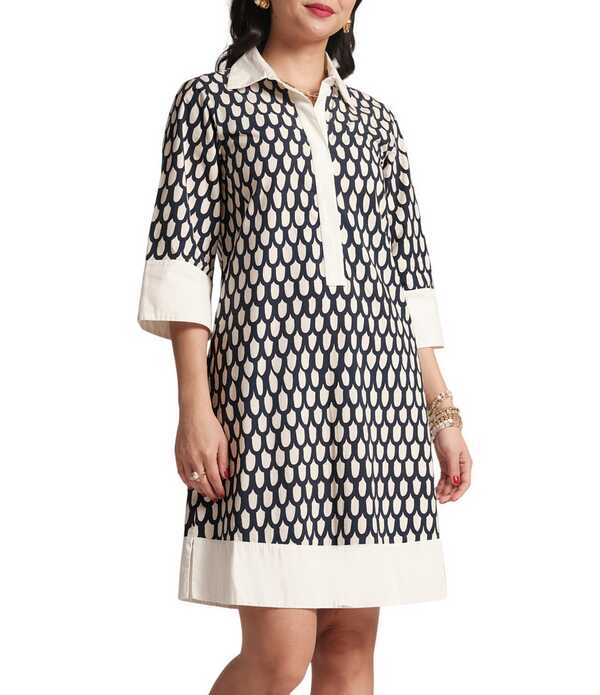 フランセスバレンタイン レディース トップス ワンピース プリント コットン FRANCES VALENTINE Tracey Cotton Poplin Looprint Point Collar Elbow Sleeve Dress Navy/Multi ネイビー｜ReVida 店