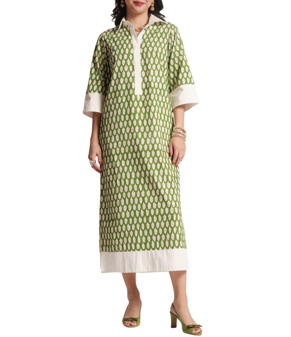 フランセスバレンタイン レディース トップス ワンピース プリント ミディ コットン FRANCES VALENTINE Cotton Poplin Looprint Point Collar 3/4 Sleeve Midi Dress Green/Oyster グリーン｜ReVida 店