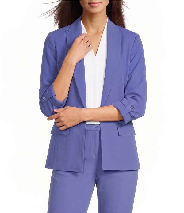 カルバンクライン レディース アウター 厚地の外套 縮緬 上衣 Calvin Klein Coordinating Crepe De Chine Notch Lapel 3/4 Roll-Tab Sleeve Open Front Jacket Future Dusk
