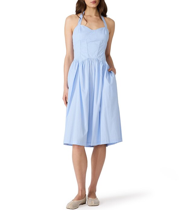 スティーブ マデン レディース トップス ワンピース ミディ ノースリーブ Steve Madden Leigh-Anne Stripped Sweetheart Neck Sleeveless Fit and Flare Poplin Midi Dresstripe Multi マルチカラー|ReVida 店