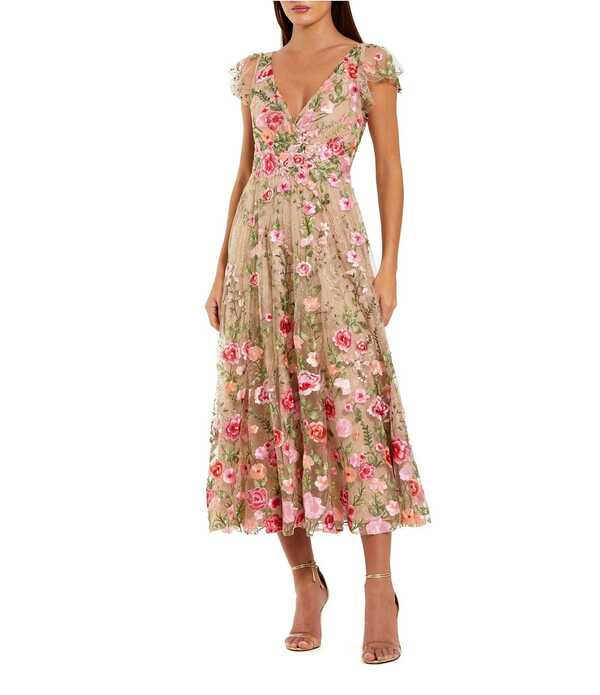 マックダガル レディース トップス ワンピース フラワー柄 ミディ 刺繍 キャップ フラワー Mac Duggal Floral Embroidered Cap Sleeve Midi Dress Nude Multi マルチカラー|ReVida 店