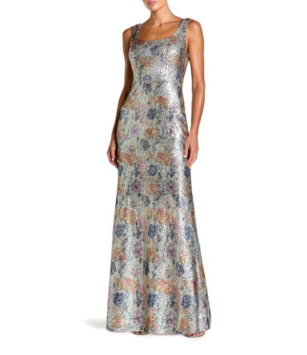 マックダガル レディース トップス 衣装 御花柄 スパンコール ノースリーブ 御花 Mac Duggal Floral Sequin Sleevelessquare Neck Sequin Embellished Sheath Gown Silver Multi しろがね色
