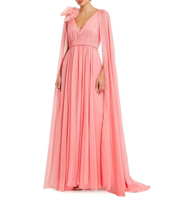 マックダガル レディース トップス ワンピース Vネック シフォン ケープデザイン キャップ ケープ Mac Duggal Chiffon V Neck Shoulder Cape Gown Hibiscus|ReVida 店