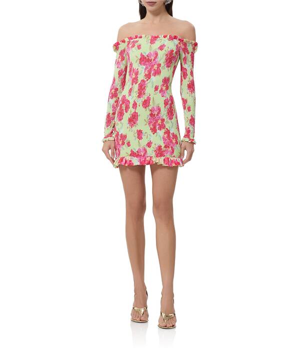 エーエフアールエム レディース トップス ワンピース フラワー柄 プリント ミニ メッシュ シャーリング フラワー AFRM Peck Smocked Floral Dot Printed Off-the-Shoulder Long Sleeve Mesh Mini Dress Floral Dot|ReVida 店