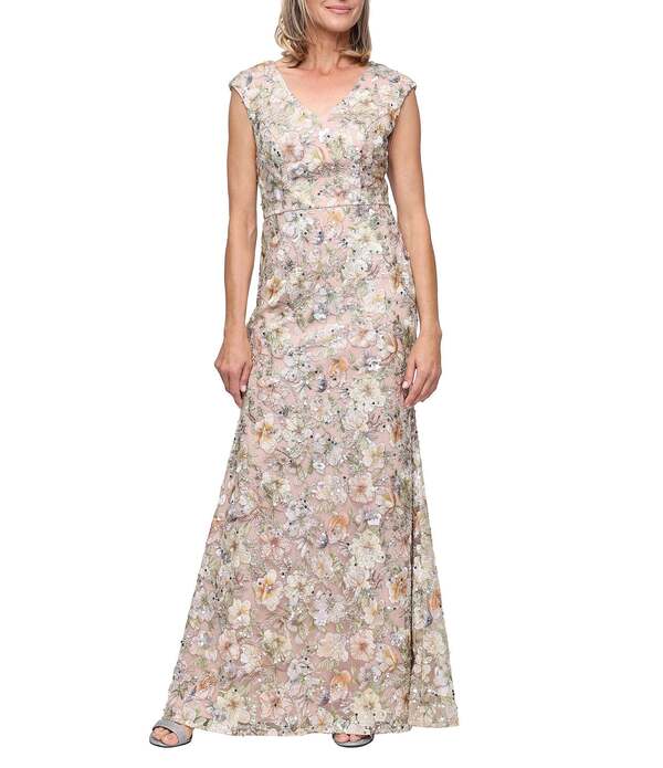 アレックスイブニングス レディース トップス ワンピース フラワー柄 ノースリーブ 刺繍 フラワー Alex Eveningsleeveless Floral Embroidered Long Dress Taupe Multi トープ｜ReVida 店