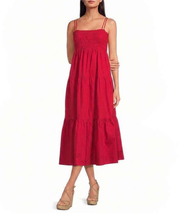 シュガーリップス レディース トップス 衣装 ティアード midi ノースリーブ シャーリング Sugarlips Gennie Smocked Square Neck Sleeveless Tiered Fit and Fare Midi Dress Red 赤いこと ワンピース-レディースファッション
