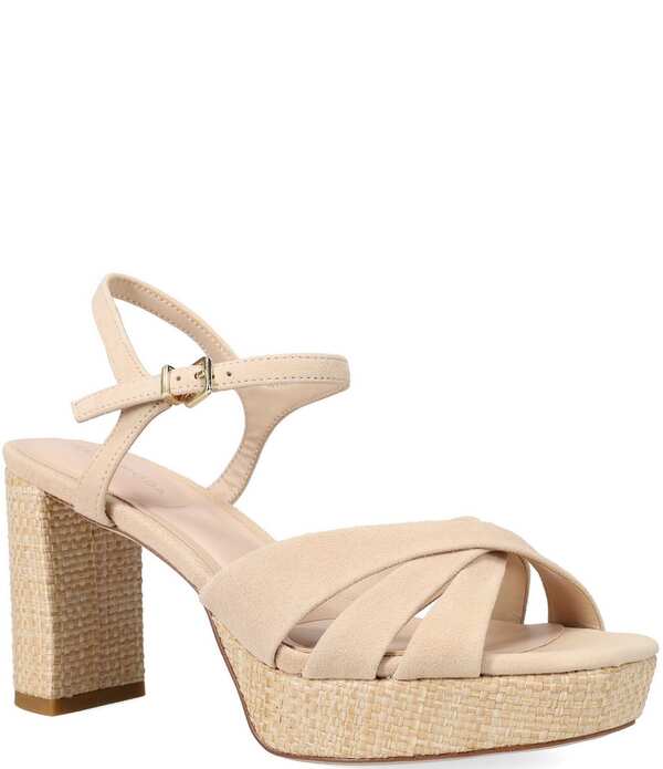 ペレモーダ レディース シューズ サンダル スエード ヒール Pelle Moda Petina Suede Woven Raffia Block Heel Dressandals Beige ベージュ|ReVida 店