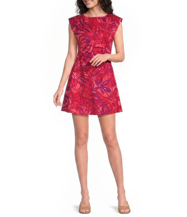ドナモーガン レディース トップス ワンピース プリント ミニ コットン Donna Morgan Cotton Abstract Print Extended Shoulder Fit And Flare Mini Dress Coral/Purple コーラル|ReVida 店