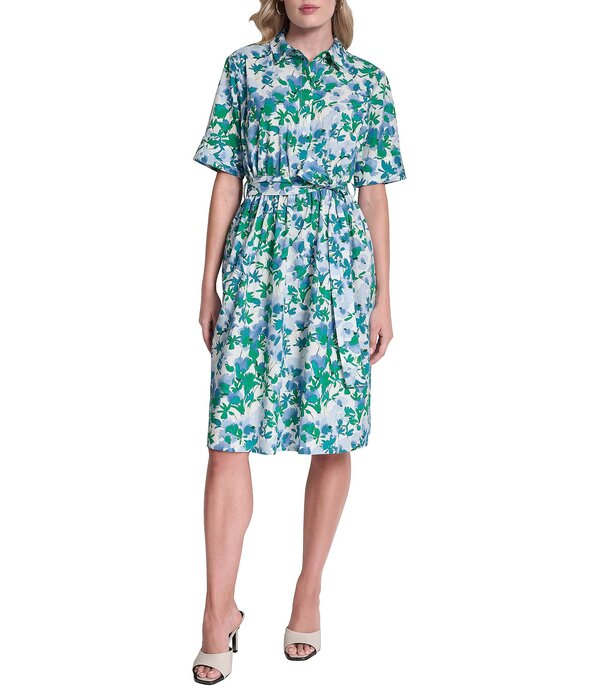 ダナキャラン レディース トップス ワンピース プチ シャツ DKNY by Donna Karan Petite Size Short Sleeve Belted Shirtdress Fern/Ivy Multi マルチカラー｜ReVida 店