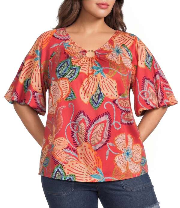 デモクラシー レディース トップス シャツ Vネック フラワー柄 プラスサイズ フラワー Democracy Plusize Floral Metal Ring V-Neck Elbow Sleeve Top Lobster Multi マルチカラー｜ReVida 店