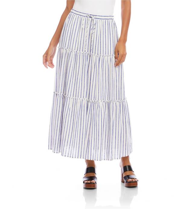 カレンケーン レディース ボトムスカート ティアード A ライン プチ ミディ リネン Karen Kane Petite Size Linen-Blend Stripe A-Line Tiered Midi Pull-On Coordinating Skirt Off White/Blue オフホワイト｜ReVida 店 21,560円