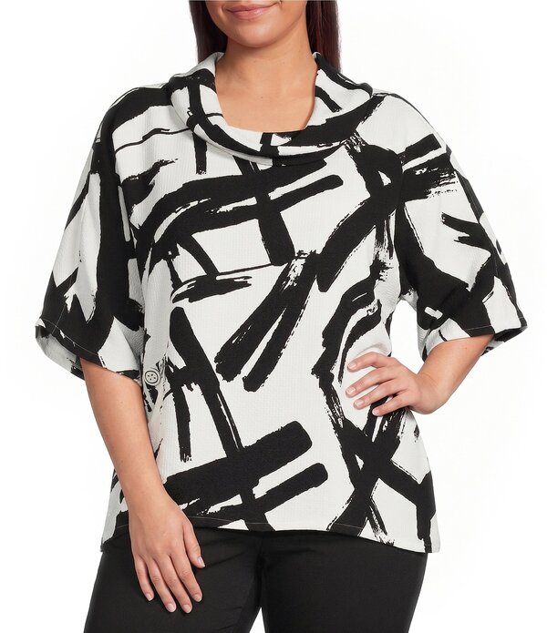 アリ マイルス レディース トップス シャツ プラスサイズ Ali Miles Plusize Woven Abstract Cowl Neck Short Dolman Sleeve Pullover Top Black/White ホワイト｜ReVida 店