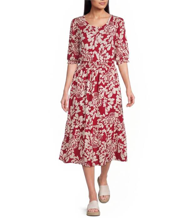 イントロ レディース トップス ワンピース ティアード フラワー柄 プリント シャーリング ニット フラワー Intro Brocade Floral Print Knit Scoop Neck Elbow Sleeve Smocked Waistieredress Barbados Red/White ホワイト｜ReVida 店