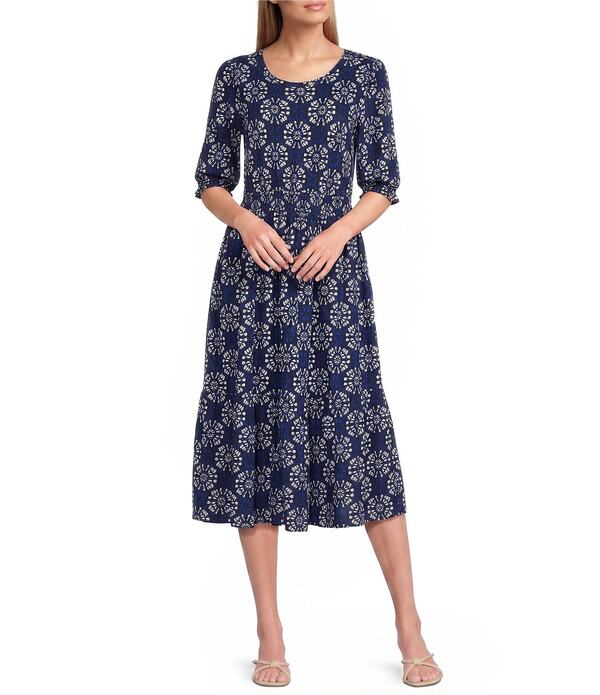 イントロ レディース トップス ワンピース ティアード プチ プリント シャーリング ニット Intro Petite Size Medallion Print Knit Scoop Neck Elbow Sleeve Smocked Waistieredress Ink/White ホワイト|ReVida 店