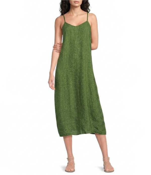 エイリーンフィッシャー レディース トップス ワンピース Vネック プチ ミディ ノースリーブ リネン Eileen Fisher Petite Size Washed Organic Linen Delave V-Neck Sleeveless Camidi Dress Field｜ReVida 店