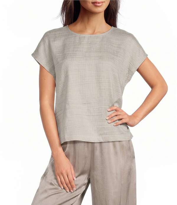 エイリーンフィッシャー レディース トップス シャツ プチ キャップ リネン Eileen Fisher Petite Size Striped Organic Linen Sheen Round Neck Cap Sleeve Top Wheat ストライプ｜ReVida 店