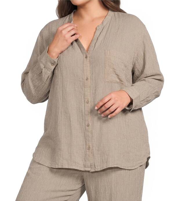 エイリーンフィッシャー レディース トップス プルオーバー Vのど首 足し加える大きさ リネン Eileen Fisher Plusize Puckered Organic Linen Stripe Split V-Neck Long Sleeve Cut-Away Shirt Wheat 縞模様