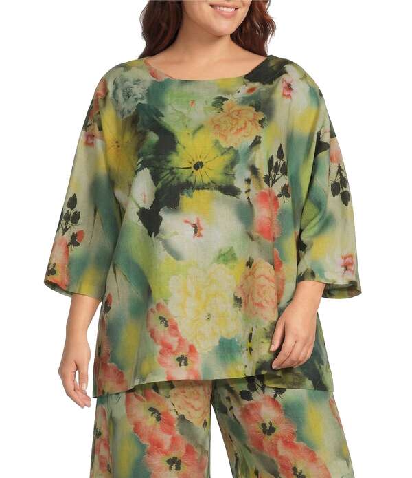 ブラジャーはたご屋 ウォーカー レディース トップス プルオーバー 足し加える大きさ 刷り上げる Bryn Walker Plusize Giardino Print Round Neck 3/4 Sleeve Oversized Resort Shirt Giardino