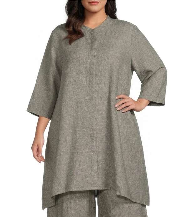 ブラジャーはたご屋 ウォーカー レディース トップス プルオーバー 足し加える大きさ リネン Bryn Walker Plus Winona Cross-Dyed Linen Mandarin Collar Elbow Sleeve Button Frontunic Radda