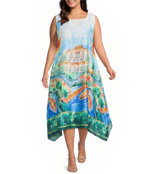 アイシーコレクション レディース トップス ワンピース プラスサイズ プリント ノースリーブ ICollection Pluscenic Print Square Neck Sleeveless Dress Multi マルチカラー|ReVida 店