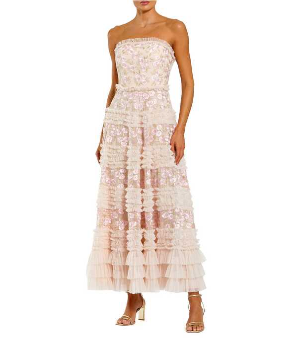 マックダガル レディース トップス 衣裳 お花柄 フラウンス メッシュ MIDI ストラップレス 刺しゅう お花 Mac Duggal Strapless Floral Embroidered Mesh Ruffle Midi Dress Blush Multi 毛はらい レディースファッション-ワンピース
