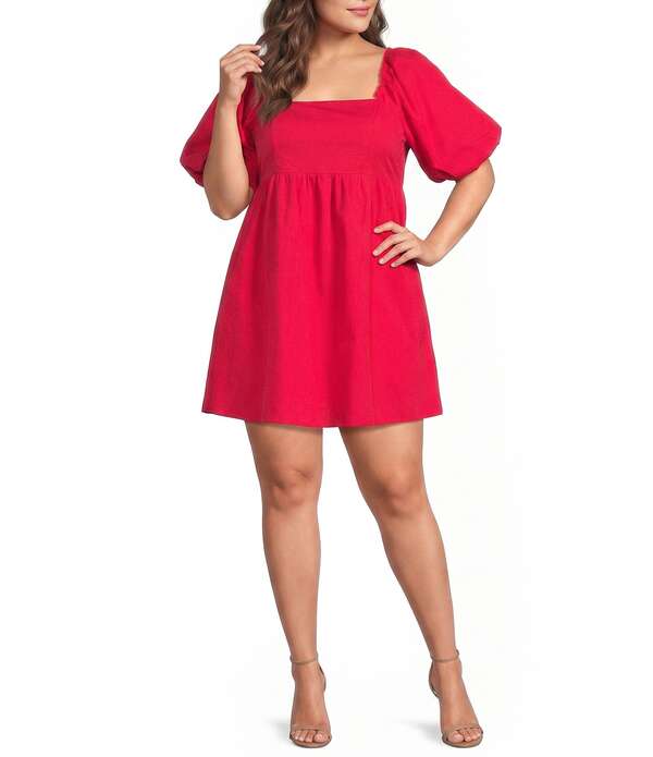 シュガーリップス レディース トップス ワンピース プラスサイズ ミニ Sugarlips Plusize Marion Puff Sleeve Square Neck Babydoll Poplin Mini Dress Red レッド｜ReVida 店