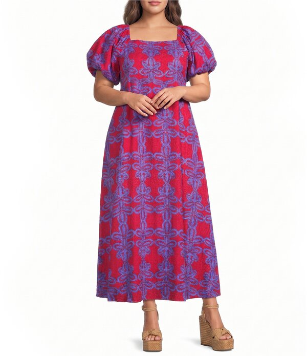 シュガーリップス レディース トップス 衣装 付け加える大いさ 刷り上げる リネン マキシ Sugarlips Plusize Rory Abstract Printed Square Neck Short Puff Sleeve Linen Maxi Dress Cherry/Multi マルチ色合い レディースファッション-ワンピース