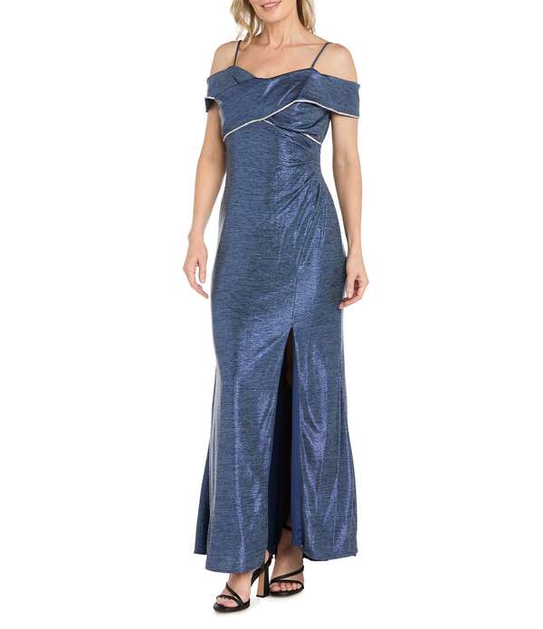 アールアンドエムリチャーズ レディース トップス ワンピース ドレープ R & M Richards Rhinestone Trim Banded Cold Shoulder Side Drape Dress Pewter ピューター｜ReVida 店