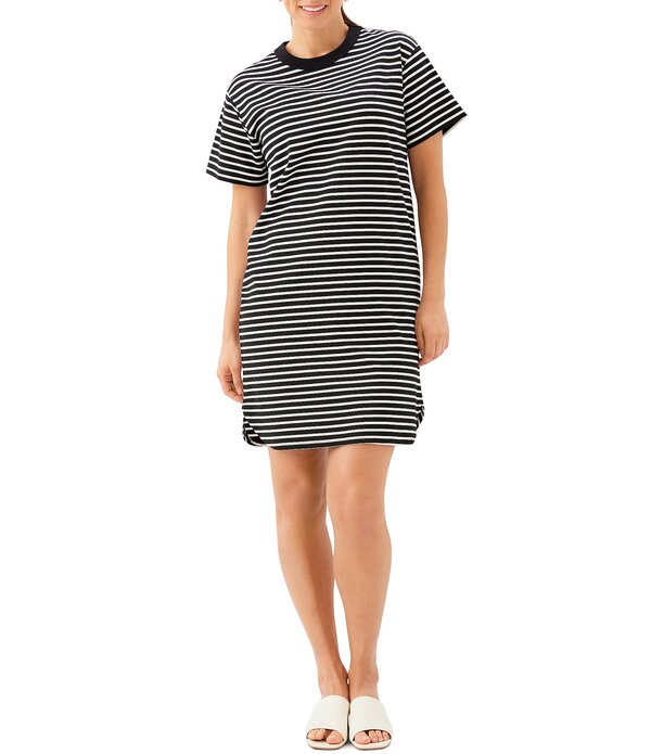 カレンケーン レディース トップス 衣装 労働者の一団素っ首 編み物 Karen Kane Ponte Knit Stripe Crew Neck Short Sleeve Shift Dress Black/Ivory 象牙色
