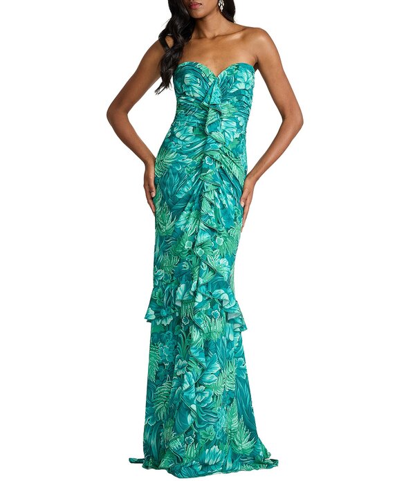 タダシショージ レディース トップス 衣裳 シフォン お花柄 刷り上げる ストラップレス お花 Tadashi Shoji Strapless Floral Printed Chiffon Sweetheart Sheath Gown Emerald Green Multi 緑であること