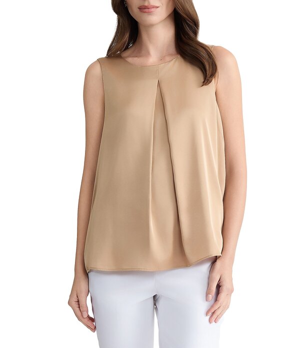 カスパール レディース トップス シャツ プチ プリーツ ノースリーブラウス Kasper Petite Sleeveless Pleated Front Blouse Toasted Wheat|ReVida 店