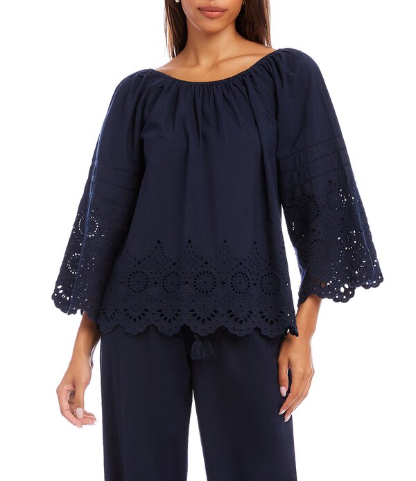 カレンケーン レディース トップス シャツ 刺繍 Karen Kane Coordinating Poplin Scoop Neck 3/4 Flared Sleevembroidered Scallopedge Peasantop Navy ネイビー｜ReVida 店