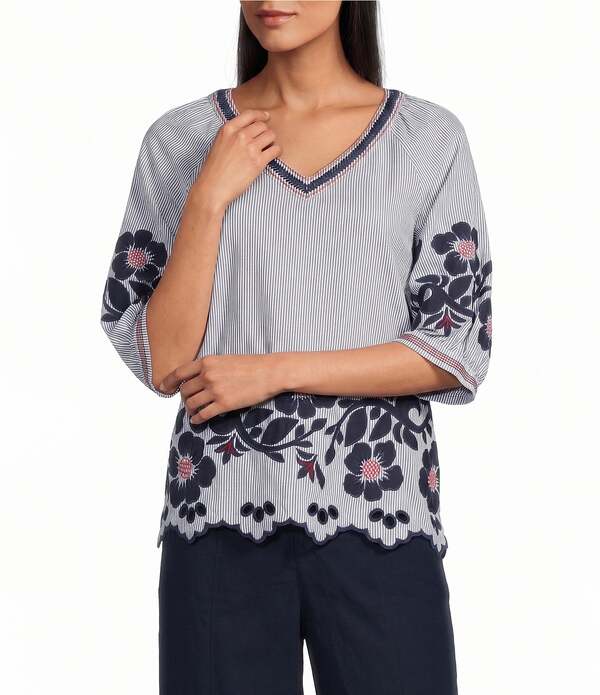 ジョン マーク レディース トップス シャツ フラワー柄 フラワー John Mark Stripe Floral Appliquembroidery Eyelet Scalloped Hem Top Navy/Multi ネイビー｜ReVida 店