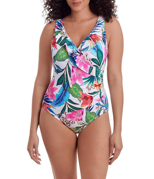 ロンギチュード レディース トップス 衣装 フラウンス Longitude Midnight Plumeria Tropical Bloom Long Torso Ruffle Front Surplice One-Piece Swimsuit White Multi 白いこと レディースファッション-ワンピース