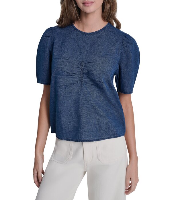 ダナキャラン レディース トップス シャツ クルーネック デニム ジーンズ DKNY Jeans by Donna Karan Denim Crew Neck Short Puff Sleeve Top Indigo インディゴ｜ReVida 店