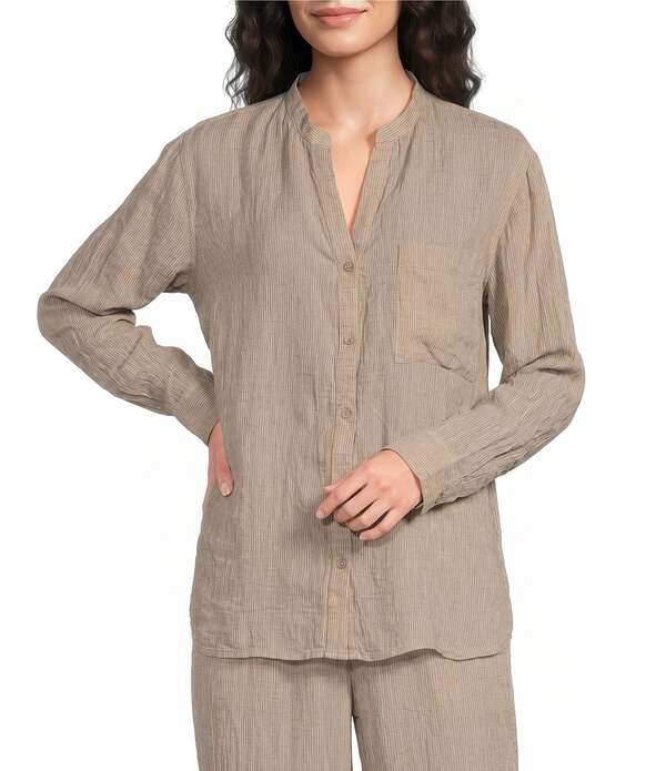 エイリーンフィッシャー レディース トップス プルオーバー Vのど首 リネン Eileen Fisher Puckered Organic Linen Stripe Split V-Neck Long Sleeve Cut-Away Shirt Wheat 縞模様