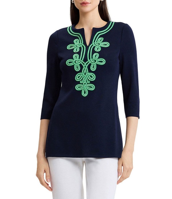 ミンウォン レディース トップス カットソー Vのど首 編み物 Ming Wang Classic Soutache Soft Knit Split V-Neck 3/4 Sleeve Tunic Indigo/Kelly Green/Ivory 象牙色