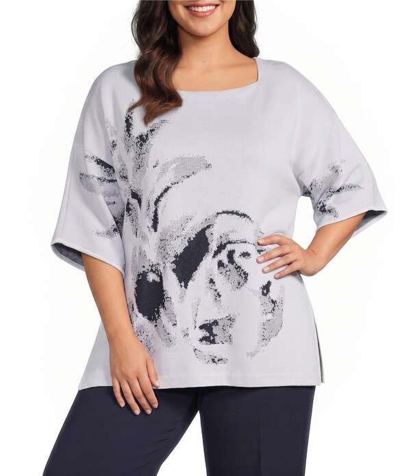 ミンウォン レディース トップス カットソー 足し加える大きさ 刷り上げる 編み物 Ming Wang Plus Abstract Print Soft Knit Square Neck Elbow Sleeve Tunic White/Indigo 白いこと
