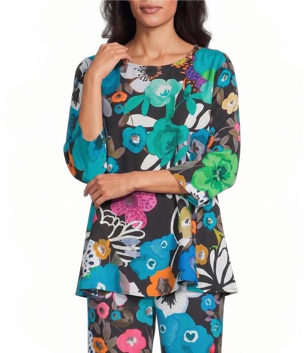 キャロライン ローズ レディース トップス シャツ クレープ A ライン フラワー柄 プリント フラワー Caroline Rose Bright Multi Floral Print Crepe Scoop Neck 3/4 Sleeve A-Line Flare Top Multi Black ブラック|ReVida 店