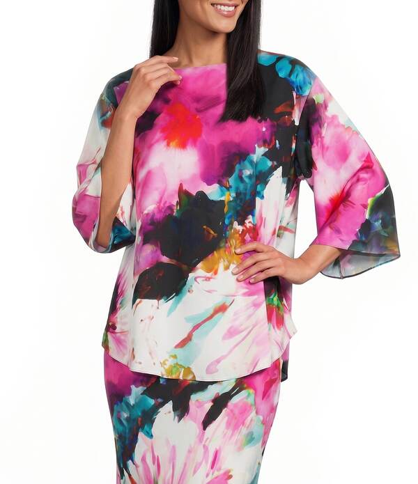 キャロライン ローズ レディース トップス シャツ フラワー柄 プリント フラワー Caroline Rose Watercolor Floral Print Round Neck 3/4 Dolman Sleeve Top Multi White ホワイト｜ReVida 店