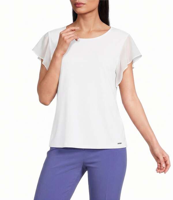 カルバンクライン レディース トップス シャツ シフォン クルーネック キャップ Calvin Klein Chiffon Mixed Media Crew Neck Cap Flutter Sleeve Top White ホワイト｜ReVida 店