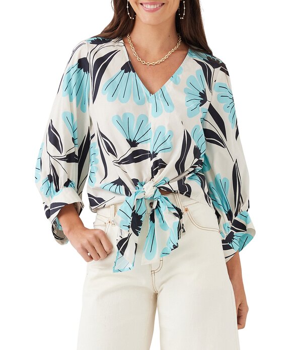 カレンケーン レディース トップス シャツ Vネック フラワー柄 フラワー Karen Kane Poplin Floral V-Neck 3/4 Blouson Sleeve Tie Frontoprint|ReVida 店